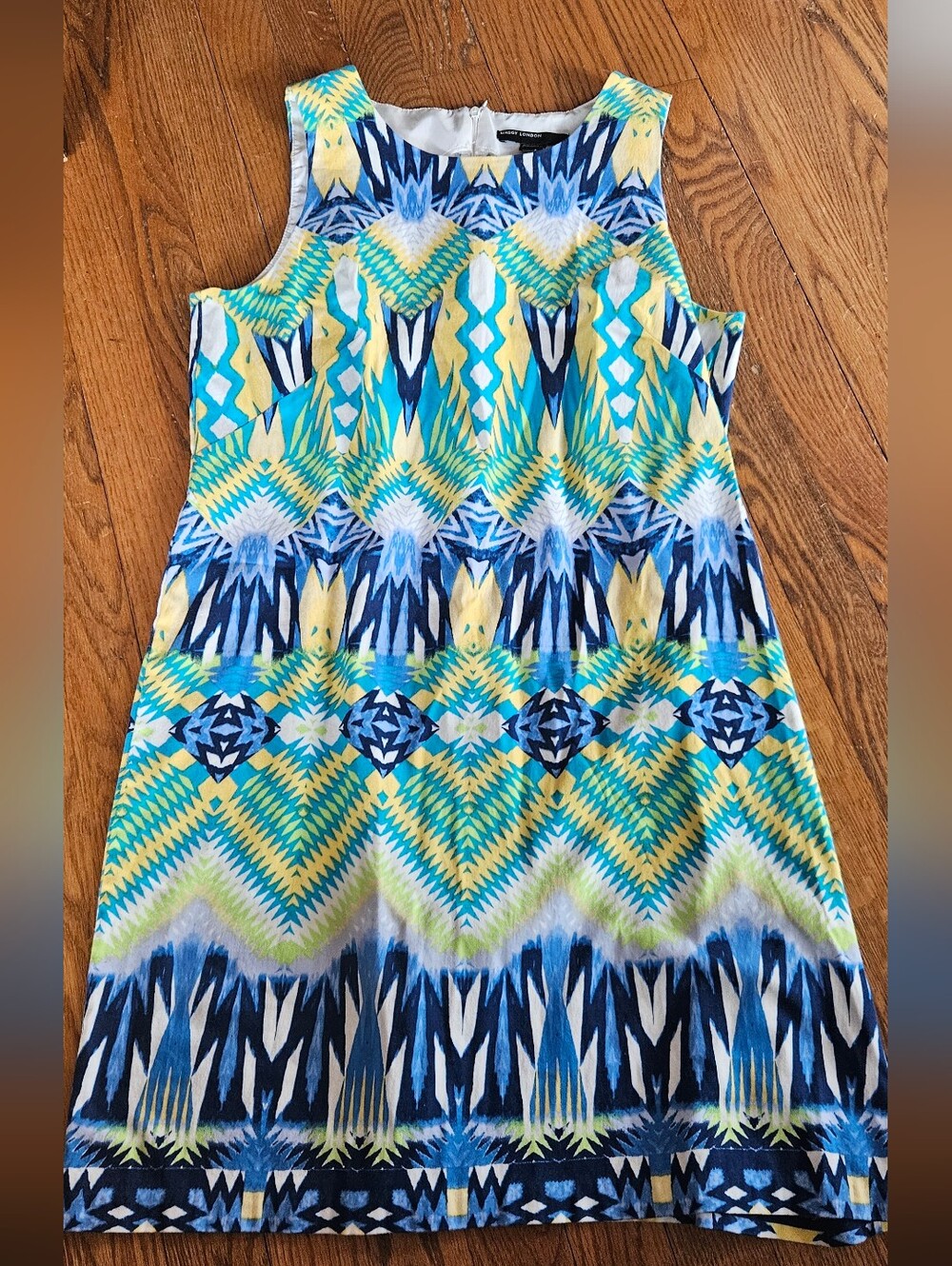 Women's Sleeveless Geometric Print Dress - Blue & Yellow Maggie London Size 14